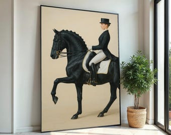 May include: A black horse with a rider wearing a black jacket and white pants. The horse is standing on a beige background.