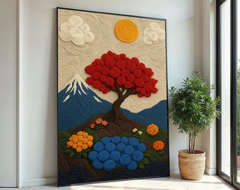 Wool Landscape Canvas Print – Red Spiral Tree & Mount Fuji Scene, Fiber Art Inspired Felt Painting, Cozy Home Décor Gift