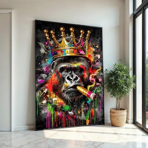 Majestic King Gorilla Canvas, Colorful Gorilla with Crown and Cigar, Animal Wall Art, Wall Art Canvas Design, Ready to Hang Decoration