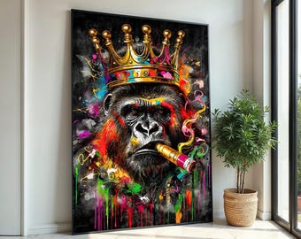 Majestätischer Königsgorilla auf Leinwand, farbenprächtiger Gorilla mit Krone, Tier-Wandkunst