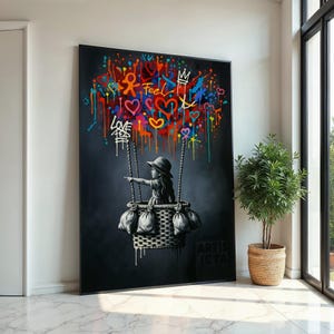 Nieuwe stijl, kleurrijke graffitiballonkunst, meisje in mandje street art canvas, stedelijke muurkunst, liefde en hoop graffitiprint, klaar om op te hangen canvas