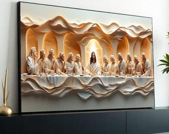 Textured 3D Embossed Oil Painting Style “The Last Supper” Canvas Print – Sculptural Biblical Wall Decor for Dining Room, Church, Home