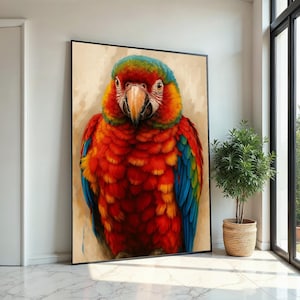 Tela colorata con pappagallo, arte murale con pappagallo, stampa ara, poster con uccelli, design per tela artistica da parete, decorazione pronta da appendere, stampa artistica