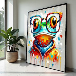 Colorful Frog Canvas, Quirky Frog in Glasses Art, Animal Wall Art, Multicolor Frog Poster, Wall Art Canvas Design, Ready To Hang Decor