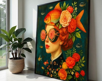 Goudvis vrouw surrealistisch portret canvasafdruk, grillige bloemen steampunk meisje kunst aan de muur in oranje groenblauw, moderne pop-art voor woonkamer decor