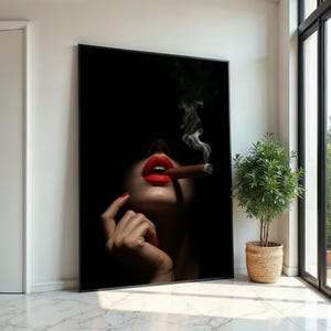 Lienzo de puros con labios rojos, arte mural de elegancia oscura, póster de mujer fumando, diseño de lienzo para pared, decoración lista para colgar, regalo artístico