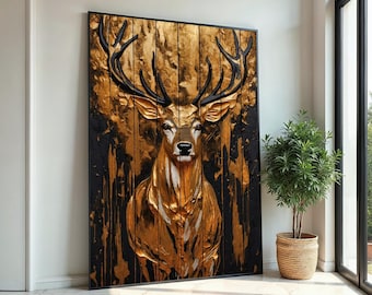 Lienzo de ciervo dorado, arte mural de ciervo majestuoso, arte animal con textura dorada, diseño de lienzo para pared, decoración lista para colgar