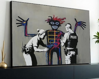Stampa su tela raffigurante graffiti della polizia, poster di strada astratto, design di arte urbana da parete, stampa pronta da appendere, decorazione murale colorata della polizia, stampa di Banksy