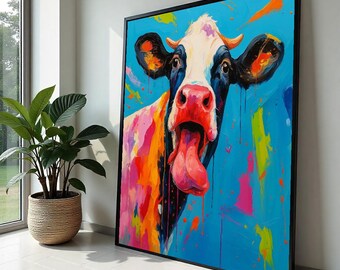 Playful Cow Canvas, Colorful Animal Art, Quirky Cow Wall Print, Art Canvas Design, Ready To Hang Wall Decoration, Licking Tongue Cow