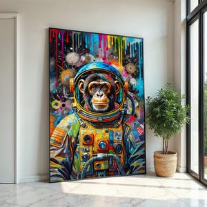 Space Monkey Canvas, Astronaut Chimp Art, Colorful Animal Wall Print, Wall Art Canvas Design, Ready To Hang Decoration