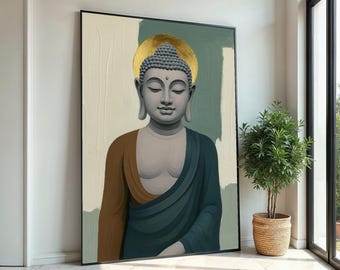 Boeddha canvas muurkunst, vreedzame Boeddha schilderij, spiritueel decor, kalme sereniteit, kunst aan de muur canvas ontwerp, klaar om op te hangen decoratie