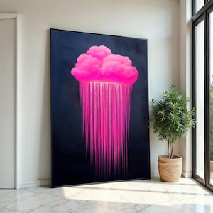 May include: A large abstract painting of a pink cloud with a dark blue background. The cloud is raining down pink streaks of light.