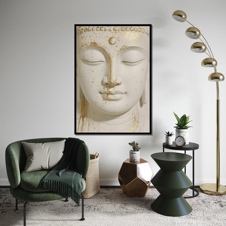 Serene Buddha Canvas, Gold Accents Buddha Wall Art, Spiritual Decor, Peaceful Meditation Canvas, Wall Art Design, Ready To Hang Deco