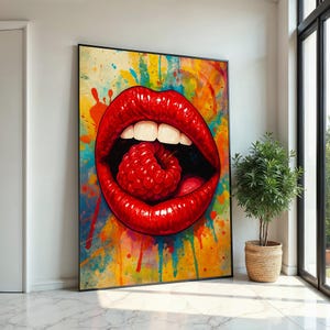 Red Lips Raspberry Canvas, Colorful Pop Art Lips Print, Lips Wall Art, Modern Canvas Design, Vibrant Wall Decor, Ready to Hang Art