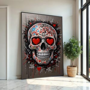 Graffiti Skull Canvas, Heart Eyes Skull Art, Skulls Wall Art, Street Art Canvas Design, Ready to Hang Decoration, Urban Wall Decor