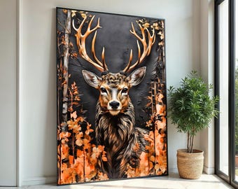 Deer with Golden Antlers Canvas Art,Majestic Wildlife Print, Rustic Forest Animal Wall Decor,Modern Nature Painting,Elegant Cabin Home Decor
