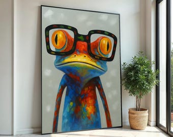 Tela colorata con rana, arte murale con rana con occhiali, tela multicolore con animali, design per arte murale su tela, decorazione pronta da appendere