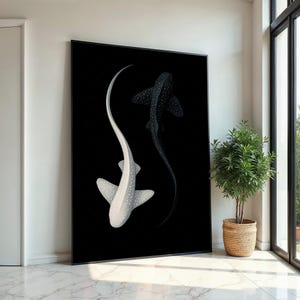 Lienzo de tiburones Yin Yang, arte del océano estrellado, impresión de pared de tiburón blanco y negro, póster de vida marina, diseño de lienzo de arte de pared, listo para colgar