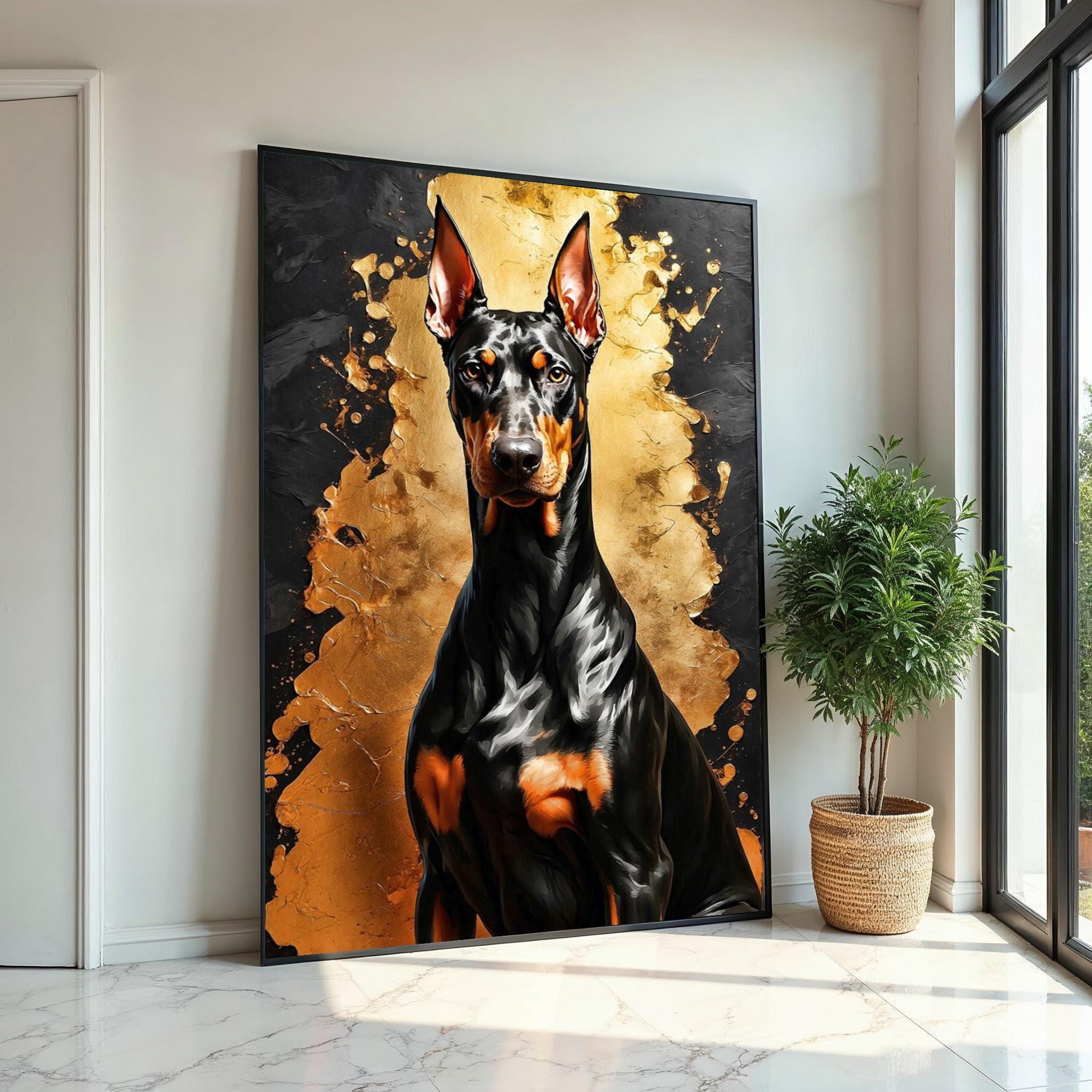 Regal Doberman Canvas, Dark Dog Art, Gold and Black Wall Art, Canvas Design, Ready To Hang Decoration