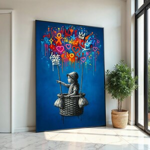Nieuwe stijl, kleurrijke graffitiballonkunst, meisje in mandje street art canvas, stedelijke muurkunst, liefde en hoop graffitiprint, klaar om op te hangen canvas