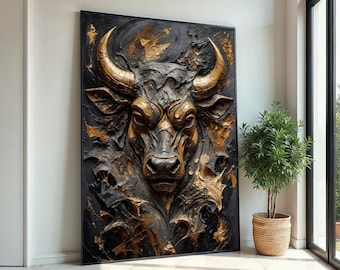 Majestic Bull Canvas, 3D Bull Art, Animal Wall Art, Gold and Black Design, Powerful Bull Print, Wall Art Canvas, Ready to Hang