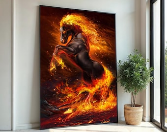 Lienzo de semental en llamas, arte mural de caballo ardiente, póster de caballo de fuego, diseño de lienzo para pared, decoración lista para colgar