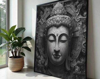 Tranquil Buddha Face Canvas Wall Art, Zen Meditation Decor, Asian Spiritual Sculpture Print, Peaceful Home Ready To Hang Decoration