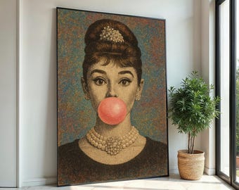 Hepburn Art Classic Bubble Gum Leinwand, Vintage Glamour Wandkunst, Mode-Ikone Poster, Pop Art Leinwanddesign, fertig zum Aufhängen, Dekoration