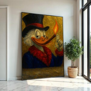 Lienzo de pato elegante, pato fumando con traje, arte de dibujos animados, diseño de lienzo para pared, decoración lista para colgar, estampado animal peculiar