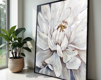 Lienzo de peonía blanca, arte floral para pared, pintura de peonía, diseño de lienzo para pared, decoración lista para colgar