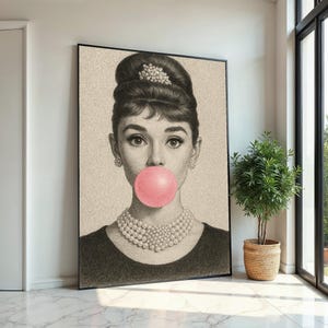 Audrey Bubblegum Skizze Leinwand, Vintage Bleistift Kunstdruck, Retro Glam Pop Art, Elegante Hollywood Wanddekoration, fertig zum Aufhängen, Geschenk Kunst