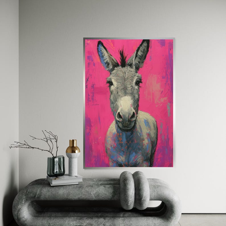 Colorful Donkey Canvas, Vibrant Animal Art, Pink Background Donkey Print, Wall Art Canvas Design, Ready to Hang Decoration