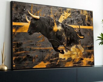 Anfallande tjur canvas, guldtjurkonst, djurväggkonst, svart och guld canvasdesign, väggkonst canvas, redo att hängas dekoration