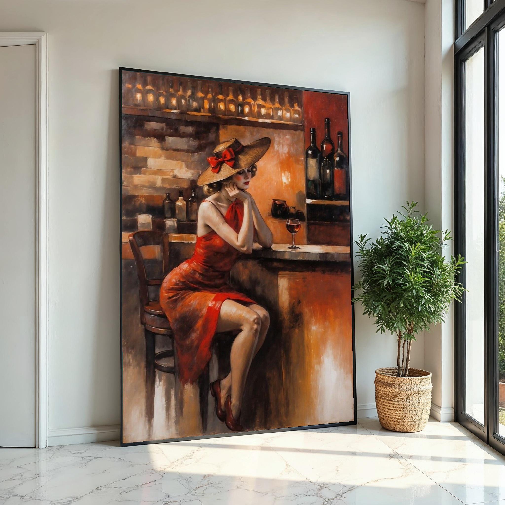 Lady in Red Dress Canvas, Vintage Bar Scene Art, Elegant Woman with Wine, Wall Art Canvas Design, Ready to Hang Decoration