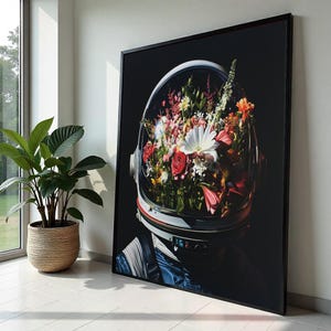 Astronaut Bouquet Canvas Print – Photorealistic Space Helmet Filled with Flowers, Cosmic Botanical Wall Art, Surreal Modern Gift