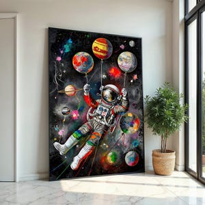 Astronaut Balloon Canvas, Space Wall Art, Cosmic Poster, Planets and Astronaut Canvas Art, Wall Art Canvas Design, Ready to Hang