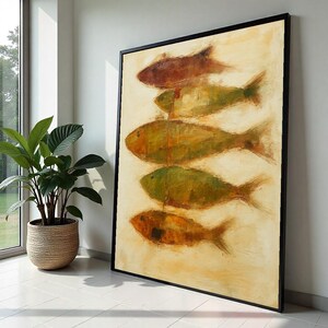 Lienzo abstracto de peces, arte mural moderno de peces, diseño de lienzo acuático, listo para colgar, pósteres oceánicos, pintura vibrante de peces, decoración del hogar