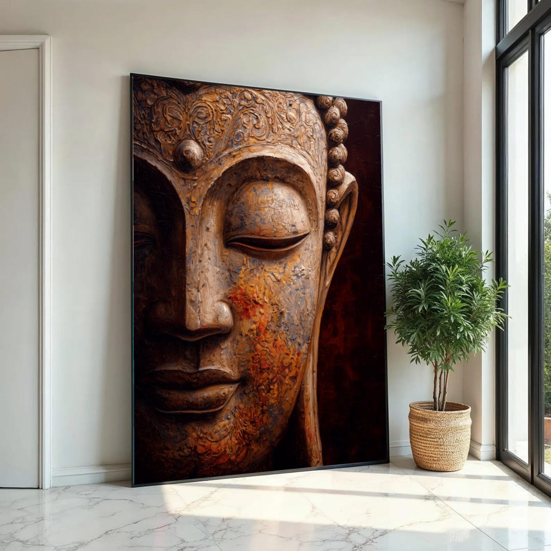 Serene Buddha Face Canvas, Spiritual Wall Art, Buddha Sculpture Print ...
