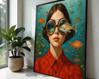 Underwater Vision Girl, Fish Eyed Canvas Art, Surreal Portrait Print, Wall Art Canvas Design, Ready to Hang Decoration
