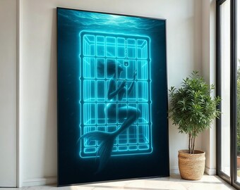 Lienzo de sirena atrapada, arte de sirena de neón, impresión de fantasía oceánica, diseño de lienzo para pared, decoración lista para colgar