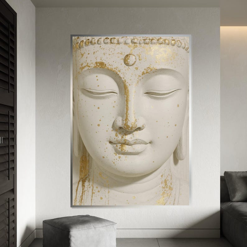 Serene Buddha Canvas, Gold Accents Buddha Wall Art, Spiritual Decor, Peaceful Meditation Canvas, Wall Art Design, Ready To Hang Deco