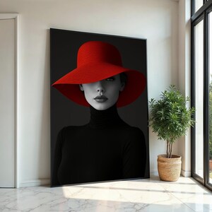 Elegante Frau im roten Hut, Mode Leinwand Wandkunst, Monochrome Dame Porträt, Wand Kunst Leinwanddesign, fertig zum Aufhängen der Dekoration