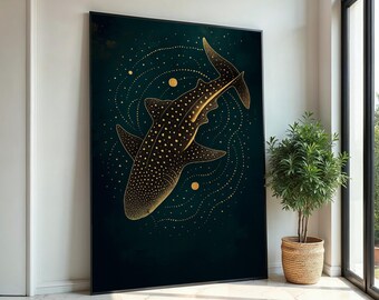 Starry Whale Shark Canvas, Gold Accents Wall Art, Marine Life Print, Ocean Decor, Wall Art Canvas Design, Ready To Hang Decoration