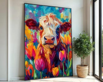 Colorful Floral Cow Canvas Art, Whimsical Farm Animal Print, Vibrant Abstract Painting, Boho Farmhouse Wall Decor, Kids Room Art