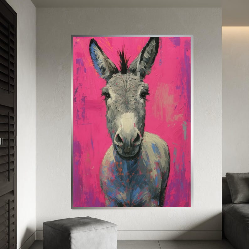 Colorful Donkey Canvas, Vibrant Animal Art, Pink Background Donkey Print, Wall Art Canvas Design, Ready to Hang Decoration