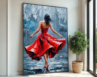 Red Dress Dancer, Romantic Dance Canvas, Elegant Dance Art, Wall Art Canvas Design, Fluid Movement Painting, Ready To Hang Decoration