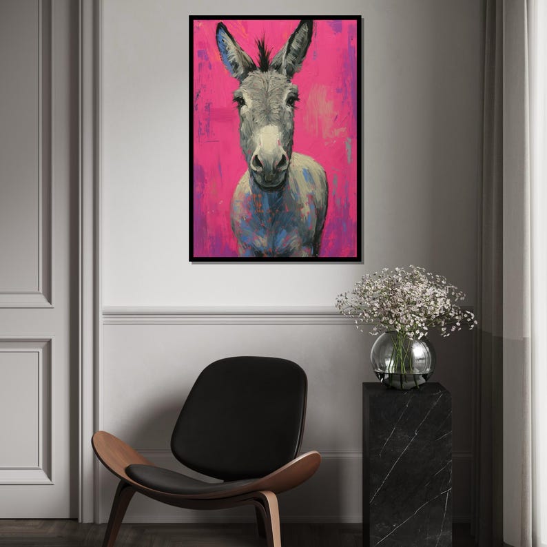 Colorful Donkey Canvas, Vibrant Animal Art, Pink Background Donkey Print, Wall Art Canvas Design, Ready to Hang Decoration