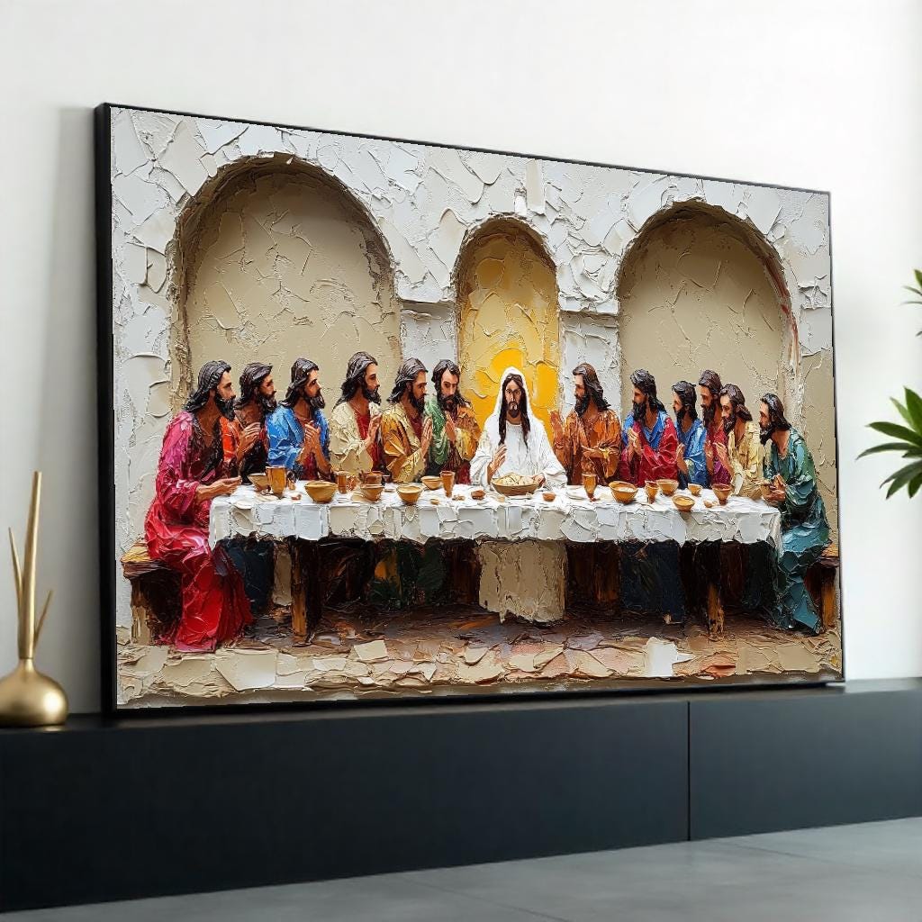 Deeply Textured 3D Embossed Oil Painting Style “The Last Supper” Canvas Print – Sculptural Biblical Scene Wall Decor for Dining Room,Church