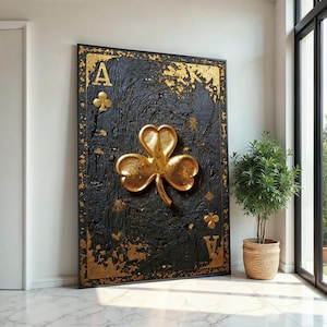 As de trébol dorado, lienzo de arte de cartas, diseño de pared de lujo, adorno dorado rústico, elegantes naipes, lienzo de arte de pared, listo para colgar
