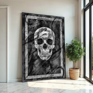 Lienzo de calavera monocromática, arte mural de calavera gótica, póster oscuro, diseño de lienzo para pared, lienzo enmarcado listo para colgar.